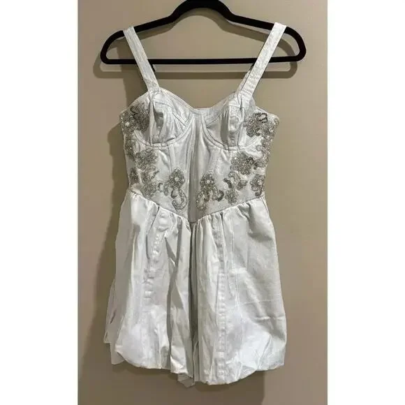 Free People Janelle Bubble Dress Denim Beaded Romper 0 NWT - Picture 5 of 11